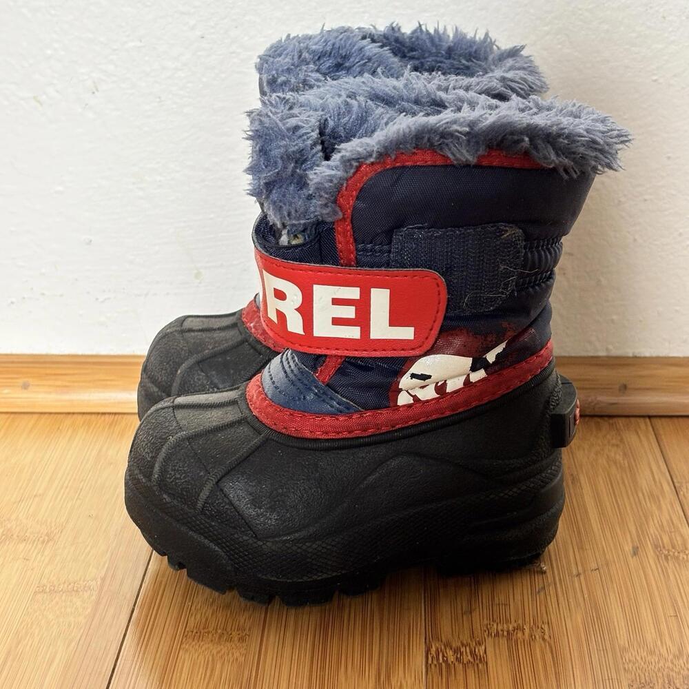 Sorel Snow Commander Kids 5 Navy Red Waterproof Winter Boots Faux Fur Lined
